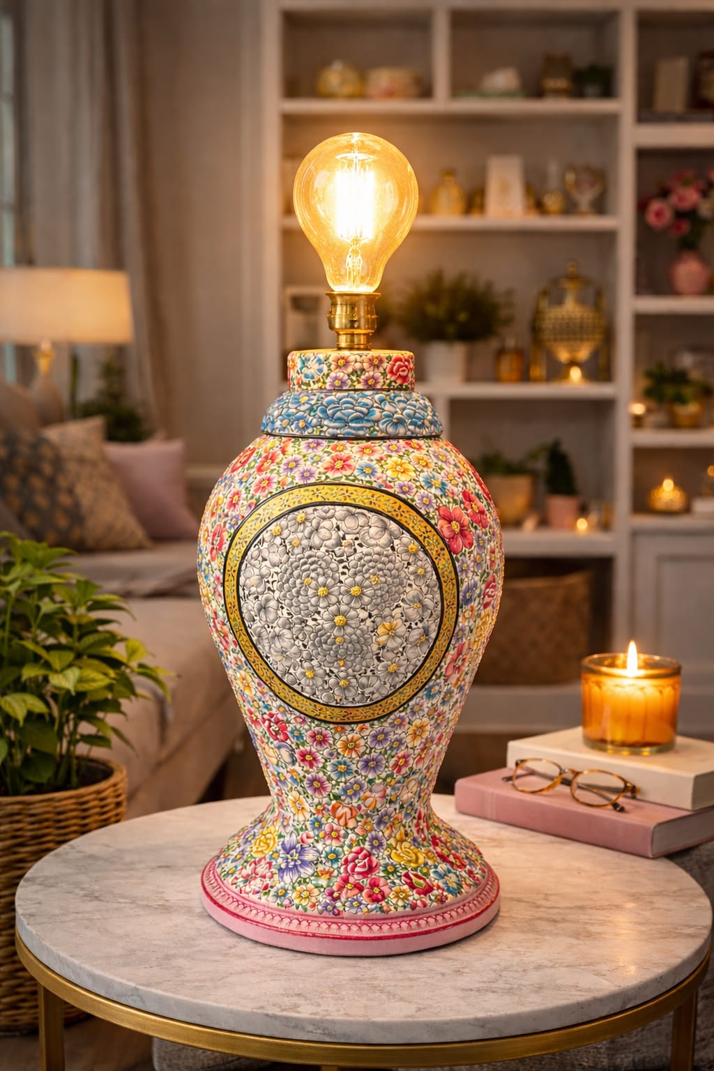 Kashmiri Paper Mache Table Lamp with kashmiri floral art, handmade paper mache table lamp 